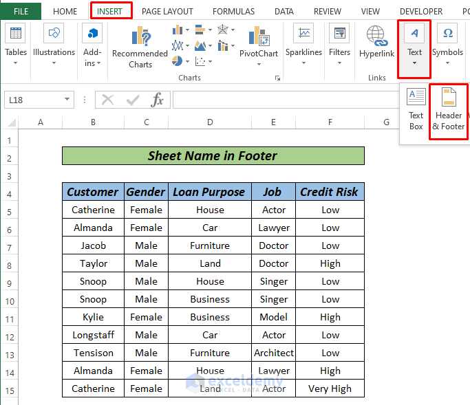 Excel sheet name code in footer Insert tab