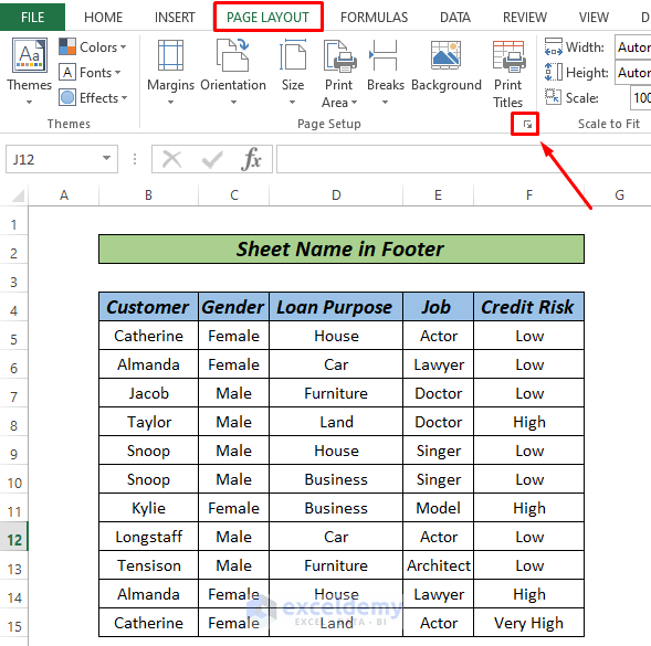 Excel sheet name code in footer by page set up