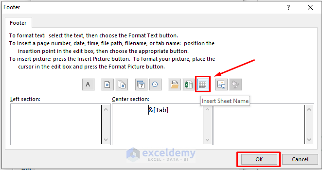 Excel sheet name code in footer using Page layout