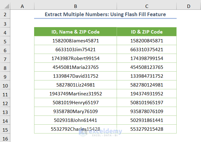 Extract Multiple Numbers from String Excel Using Flash Fill Feature