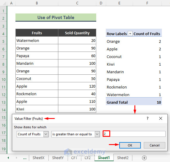 Find Duplicates and Copy to Another Worksheet with Excel Pivot Table