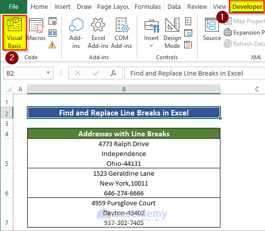 Find and replace line break using VBA macro