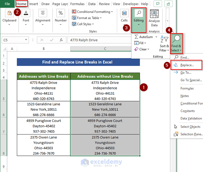 Find and Replace Line Breaks in Excel using Find and Replace tool