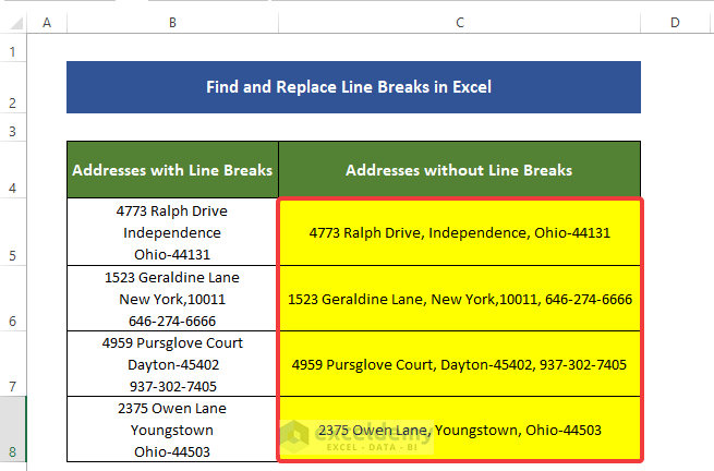 Find and Replace Line Breaks in Excel using Trim function