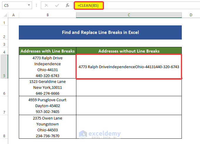 Find and replace line break using CLEAN function