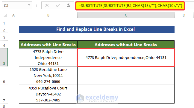 Find and Replace Line Breaks in Excel using Substitute function