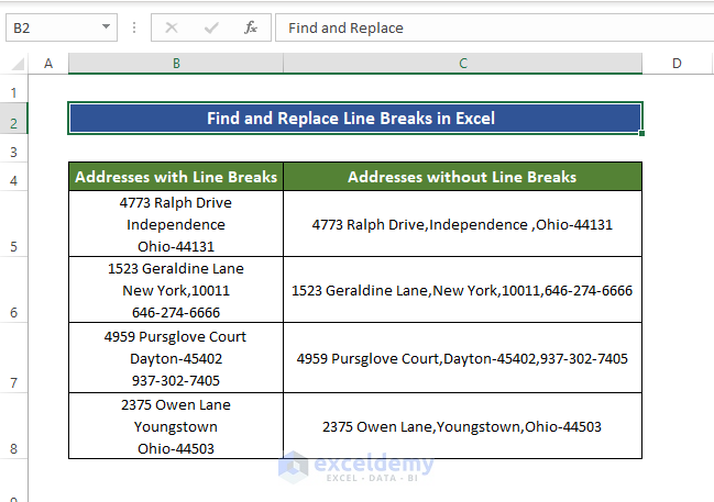 Find and Replace Line Breaks in Excel using Find and Replace tool