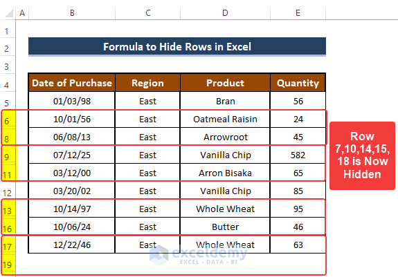 Formula to hide rows in excel