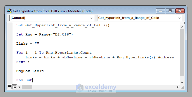 VBA Code to Get Hyperlink from an Excel Cell with VBA