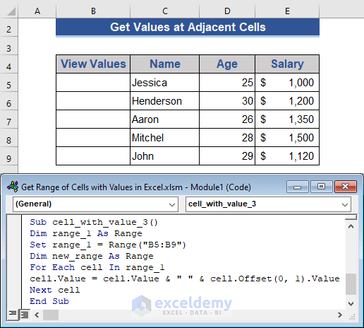 Print Values of a Range at Adjacent Cells with Excel