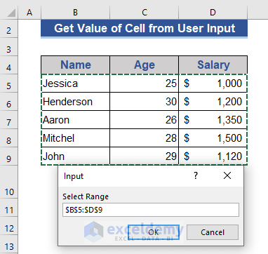 Apply the User Input Method to Get Values of Cells in Excel