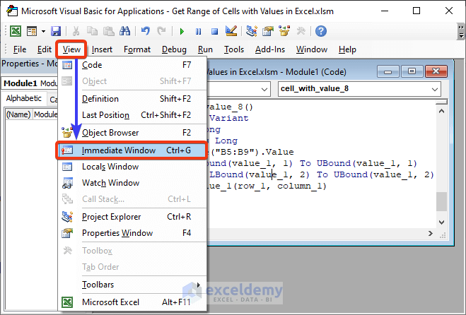 Get Values at an Immediate Window of Excel VBA