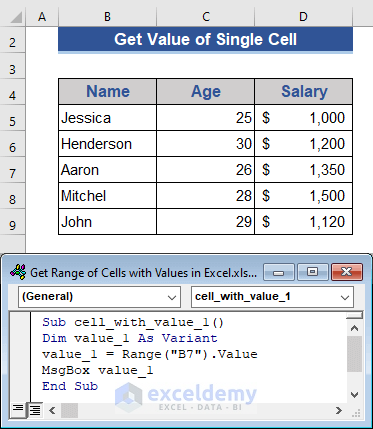  Excel VBA to Get the Values of a Single Cell
