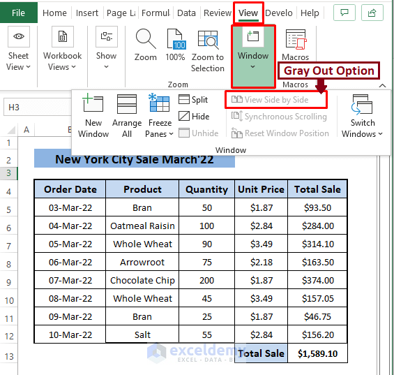 Gray Out-Excel View Side by Side Not Working
