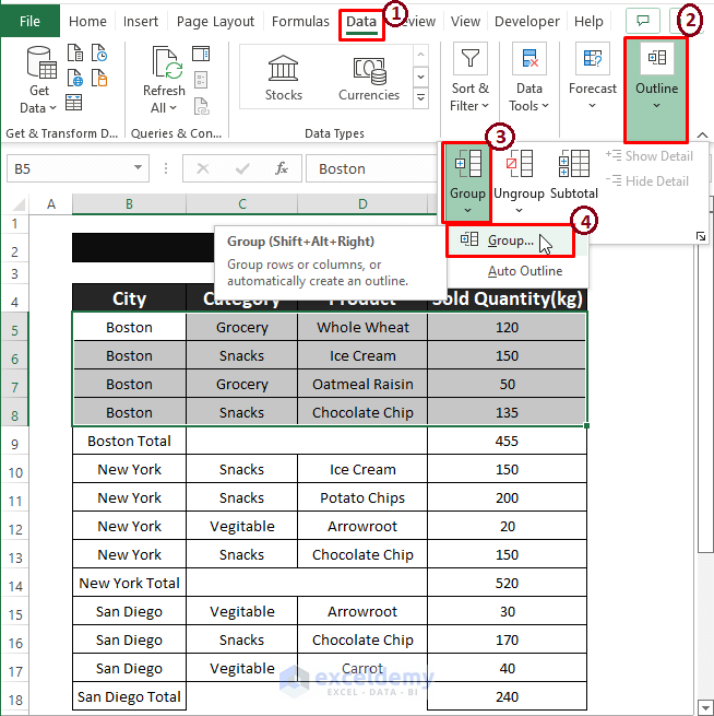 Group feature-Excel Group Rows with Same Value
