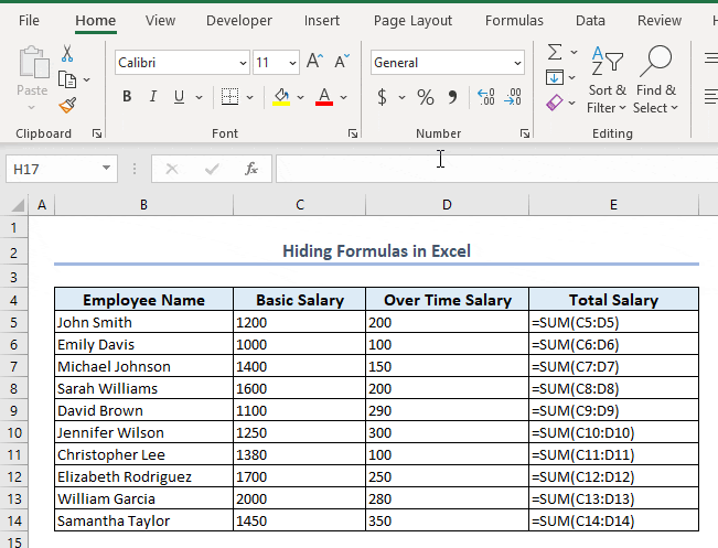 Gif showing how to Hide All Formuls in Excel