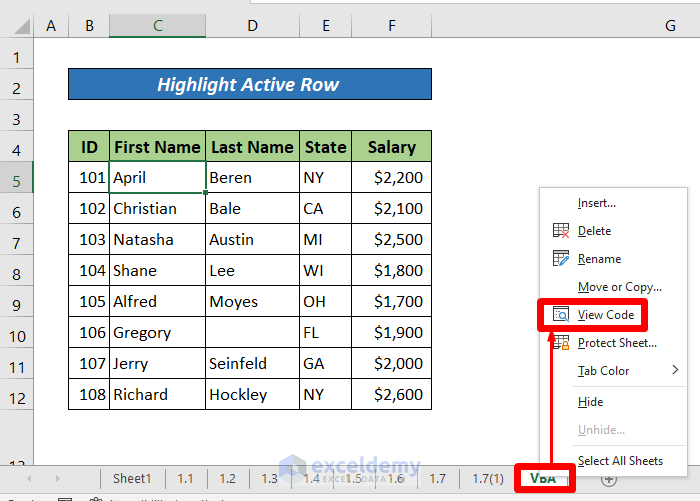 Highlight an Active Row Using Excel VBA