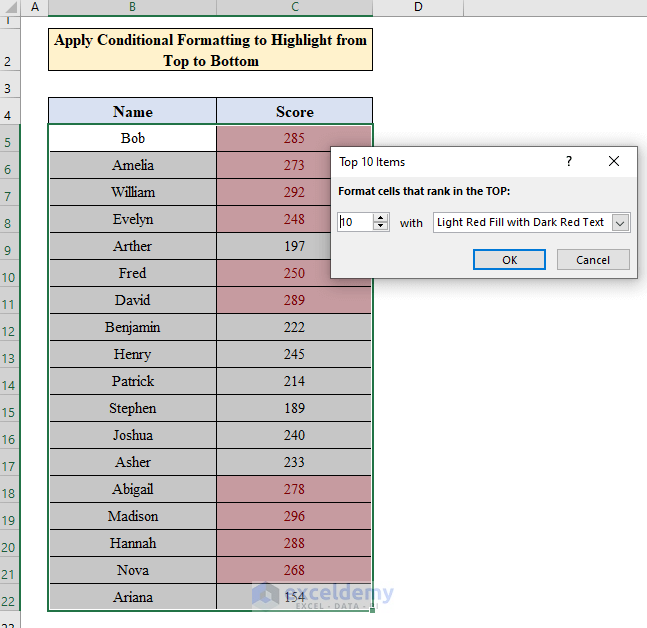 Apply Conditional Formatting to Highlight from Top to Bottom in Excel