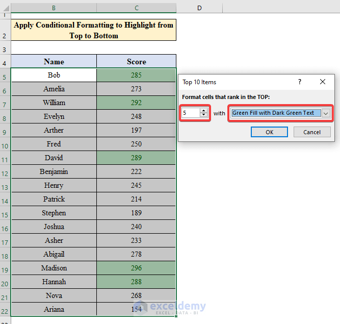 Apply Conditional Formatting to Highlight from Top to Bottom in Excel