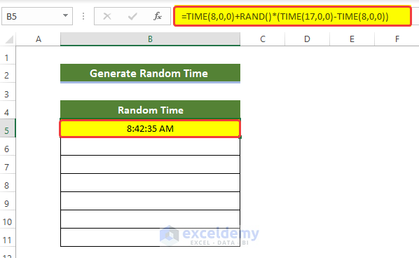 Using TEXT and RAND Functions to Generate Random Time Only in Excel