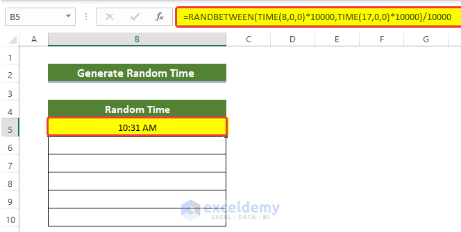 Applying RANDBETWEEN and TIME Function to Generate Random Time Only in Excel
