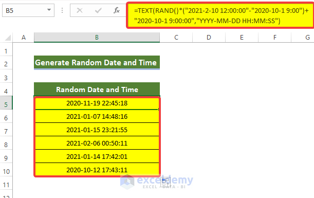 Using TEXT Function to generate random time and date in Excel