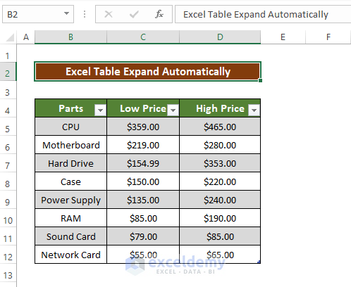 Make an Excel Table Expand Changing Row Height