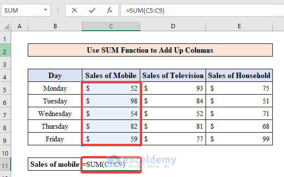 Use SUM Function to Add Up Columns
