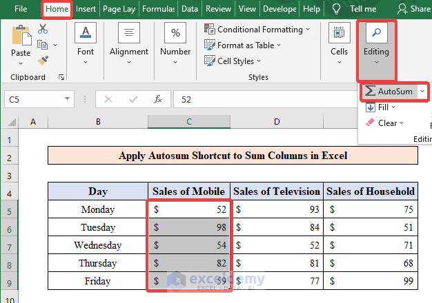 Apply Autosum Shortcut to Sum Columns in Excel