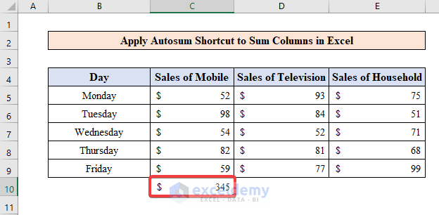Apply Autosum Shortcut to Sum Columns in Excel