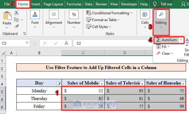 Use Filter Feature to Add Up Filtered Cells in a Column