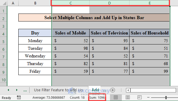Select Multiple Columns and Add Up in Status Bar
