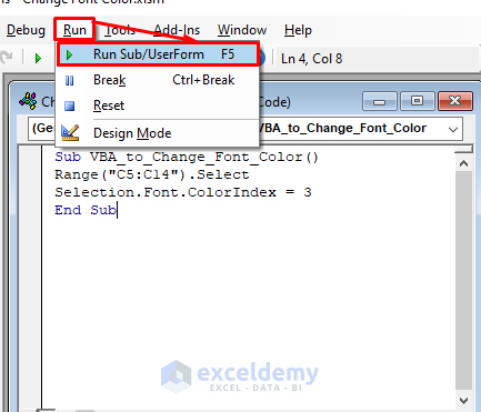 Apply the Color Index Command to Change Font Color with Excel VBA