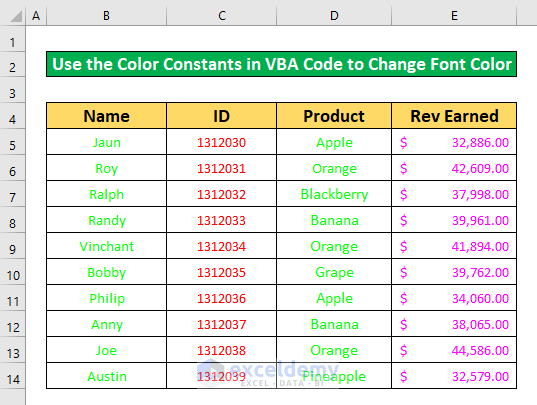 Use Color Constants in VBA Code to Change Font Color in Excel