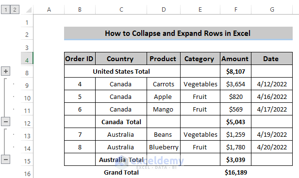 Collapse Rows in Excel