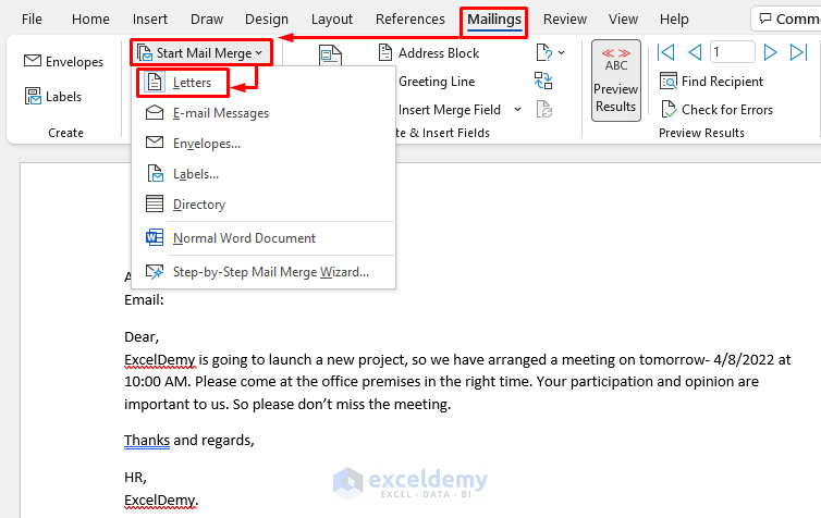 Do Mail Merge from Excel to Word
