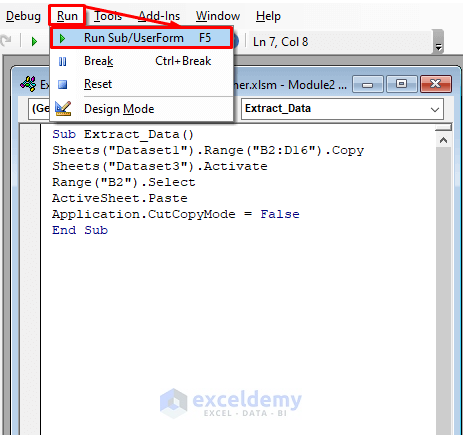Use the Copy Paste Command in VBA Code to Extract Data from One Sheet to Another in Excel