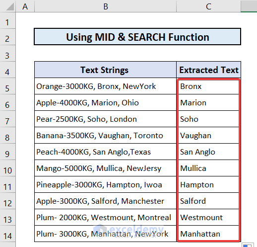 Applying MID and SEARCH Functions to Extract Text