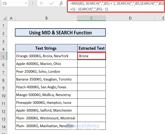 Applying MID and SEARCH Functions to Extract Text