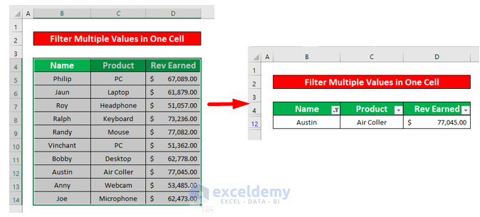 excel filter multiple values in one cell