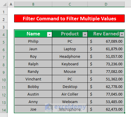 Apply Filter Command to Filter Multiple Values in One Cell in Excel