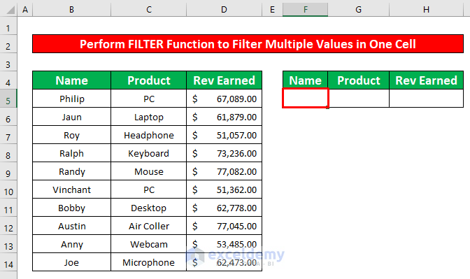 Perform FILTER Function to Filter Multiple Values in One Cell in Excel
