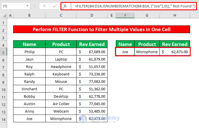 Perform FILTER Function to Filter Multiple Values in One Cell in Excel