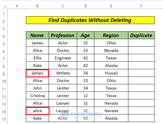 How to Find Duplicates in Excel Without Deleting by EXACT Function