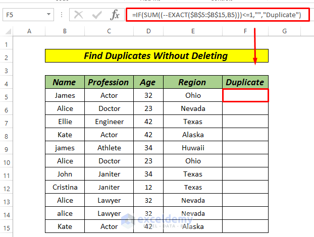 How to Find Duplicates in Excel Without Deleting by EXACT Function