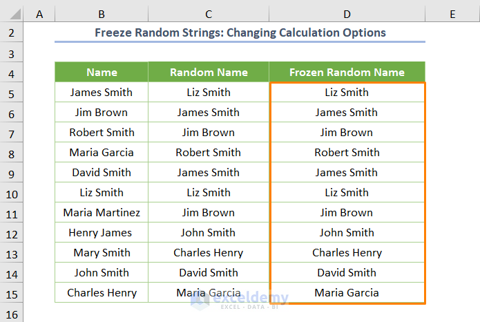 How to Freeze Random Selection in Excel Changing the Calculation Options in the case of Random Strings