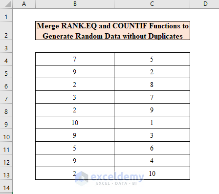 Merge RANK.EQ and COUNTIF Functions to Generate Random Data without Duplicates