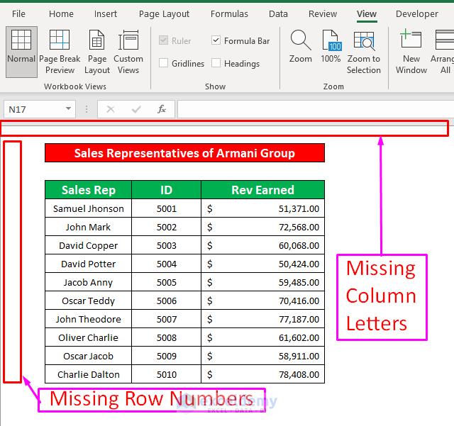 excel missing row numbers and column letters