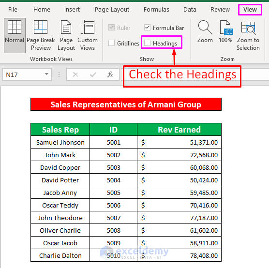 Use View Command to Get Missing Row Numbers and Column Letters in Excel