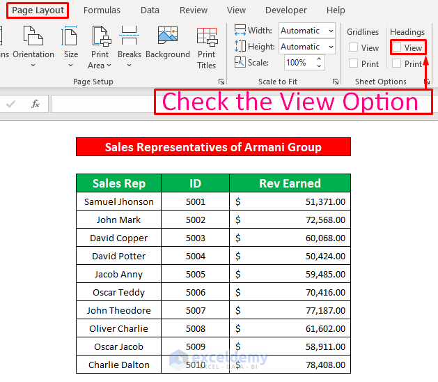 Apply Page Layout Ribbon to Get Missing Row Numbers and Column Letters in Excel